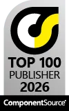Top 100 Publisher 2026 award badge from ComponentSource, featuring a stylized logo with black, white, and yellow elements.
