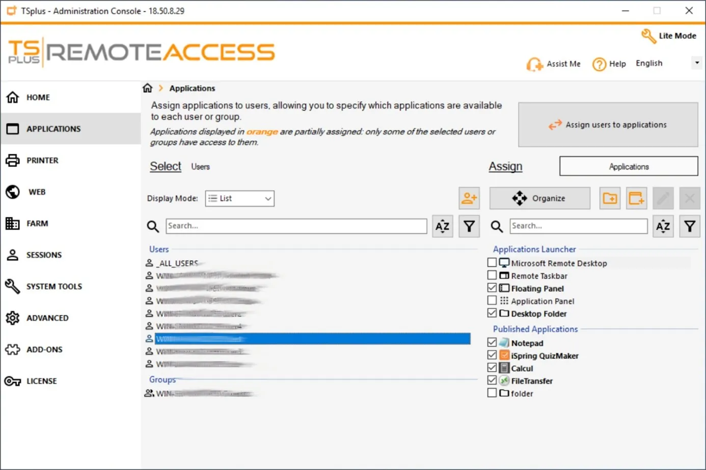 screen capture of TSplus Remote Access Admin Console: User Sessions - via Assign Applications - Users filter view