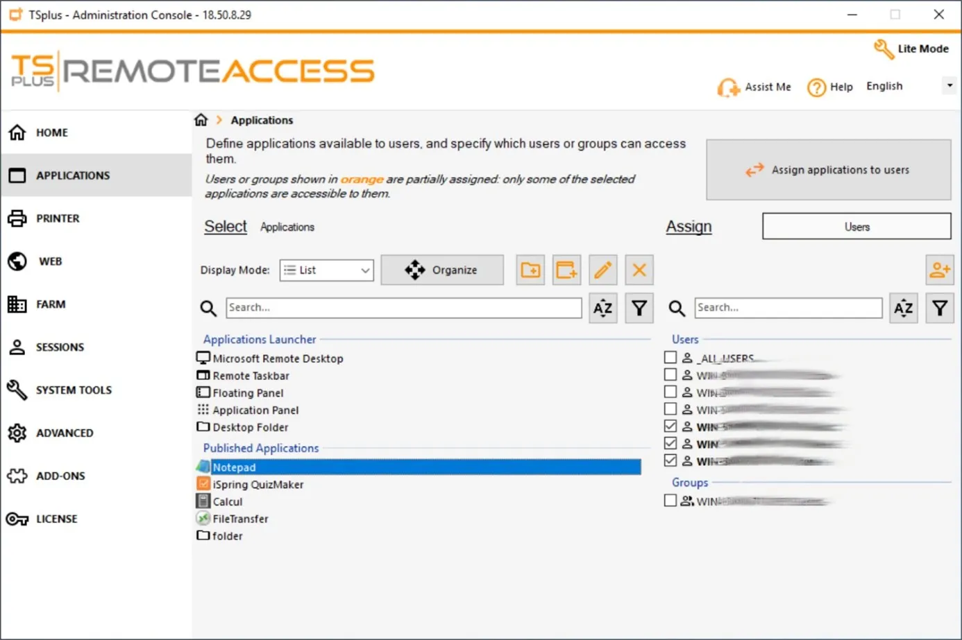 screen capture of TSplus Remote Access Admin Console: User Sessions - via Assign Applications - Apps filter view