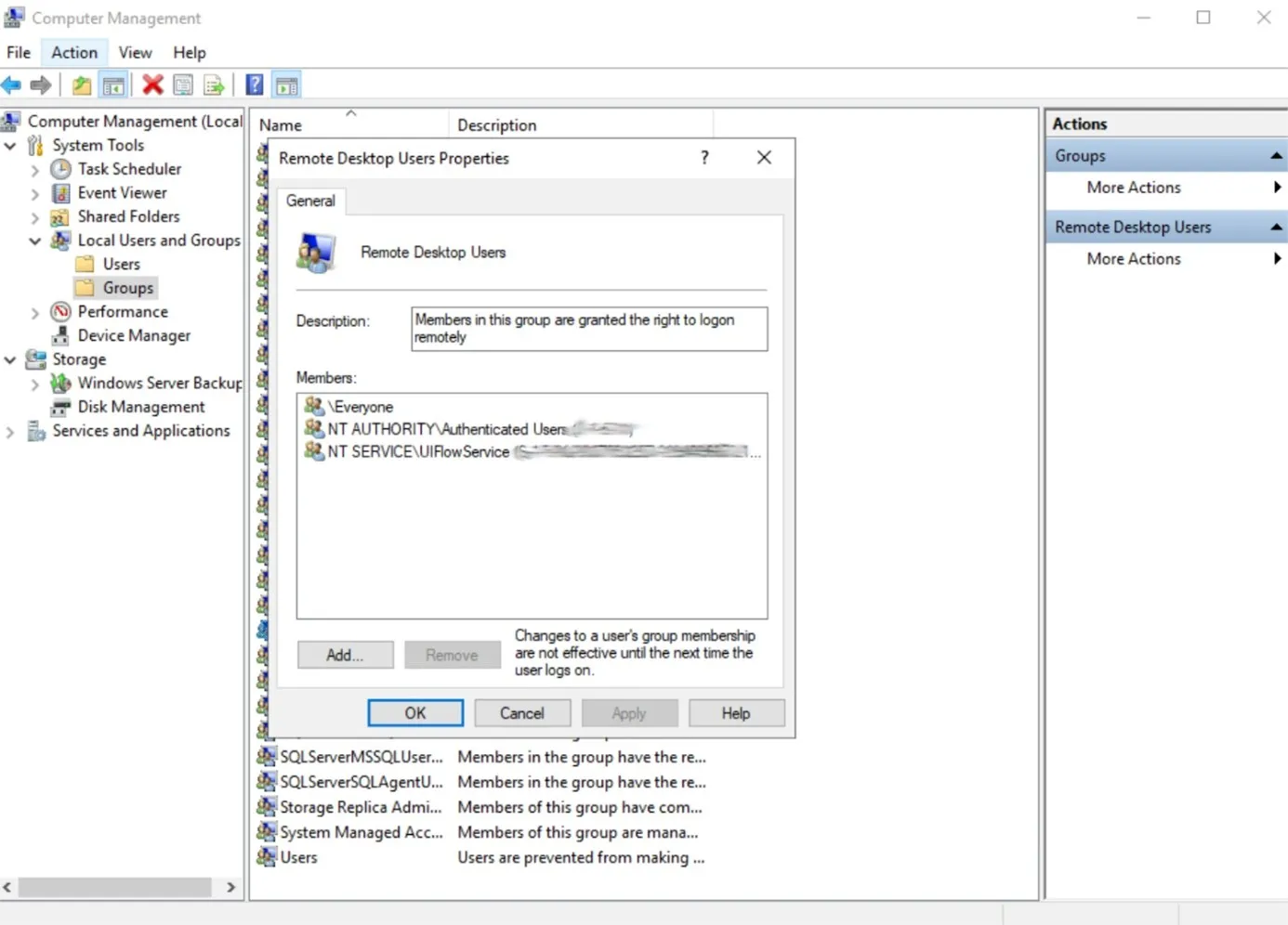 screen capture of Windows Computer Management pane - RD Users Properties