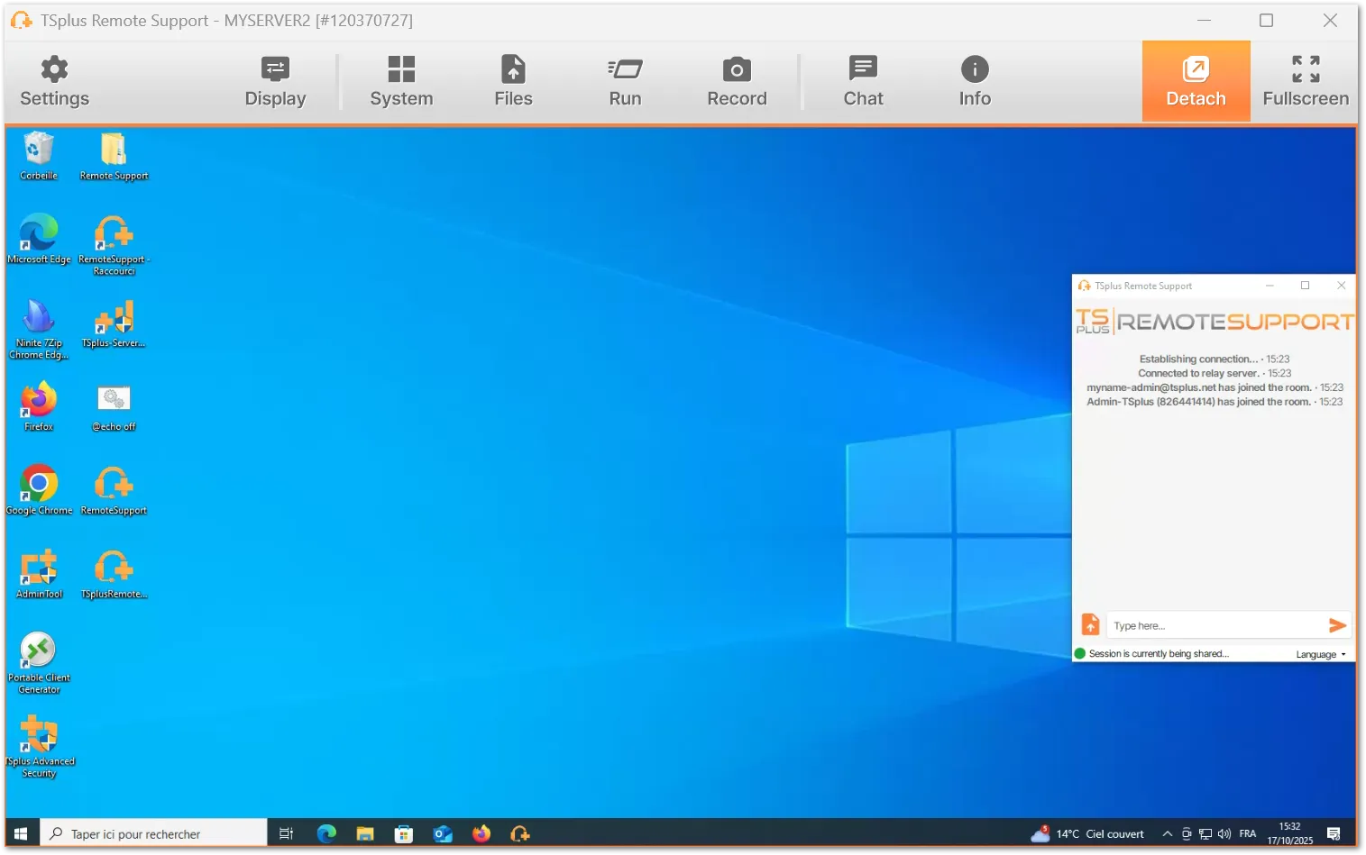 TSplus Remote Support - agent interface and chat box - screenshot of Windows computer screen displaying agent interface and chatbox