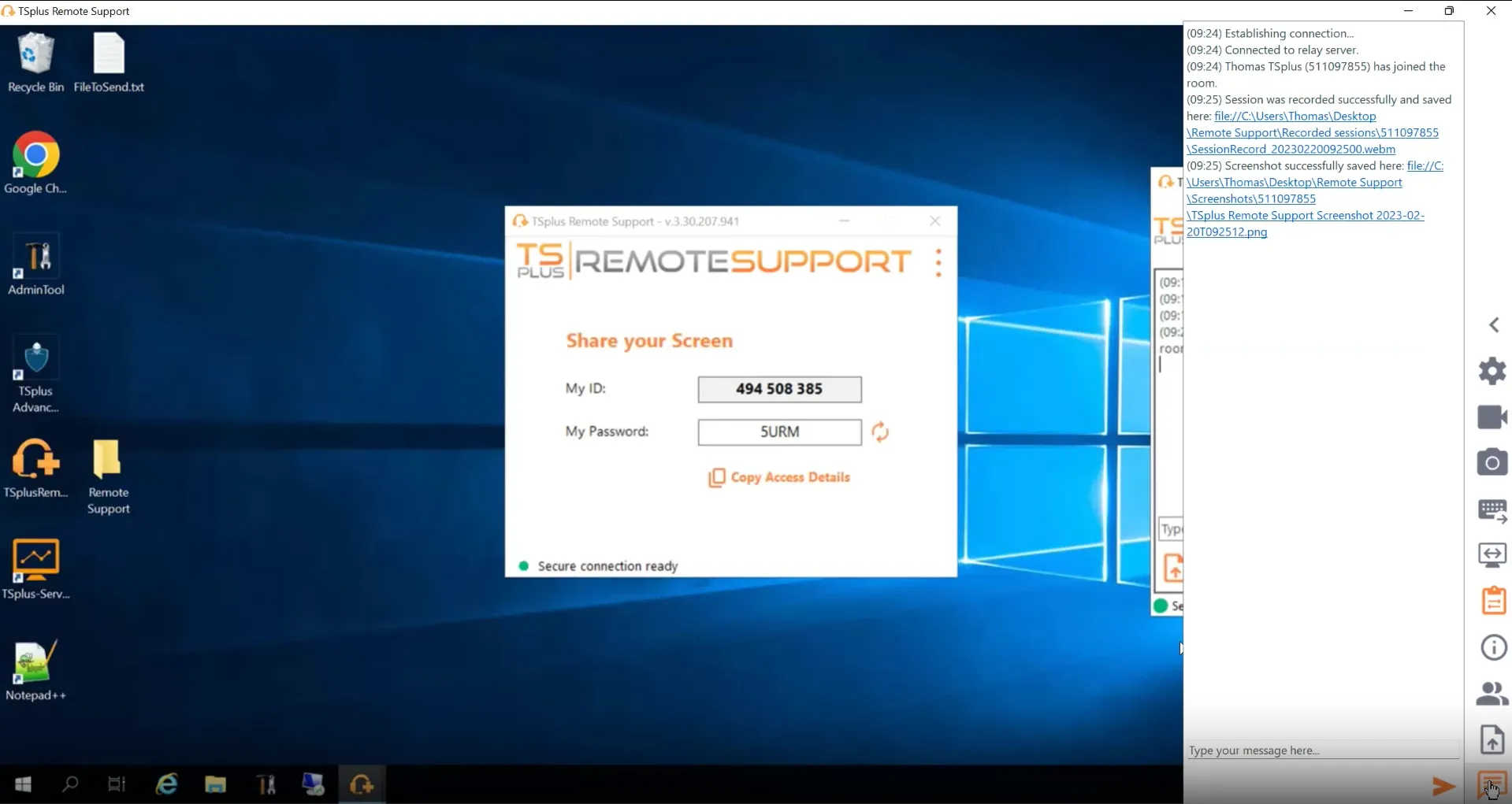 Image of the "Chat box" feature of TSplus Remote Support