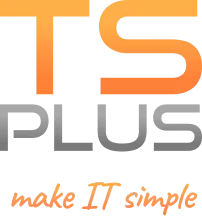 TSplus square logo with "Make IT simple" tagline - orange with grey