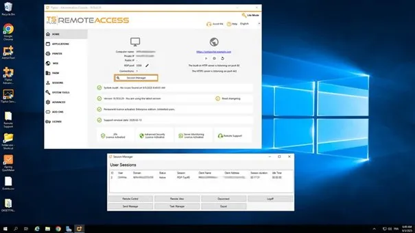 screen capture of TSplus Remote Access Admin Console: User Sessions - Session Manager pane