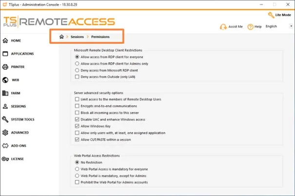 TSplus Remote Access Admin Console screen capture: User Sessions - Sessions - Permissions menu