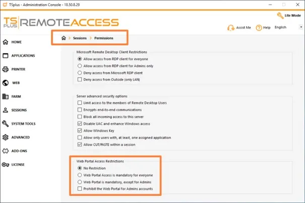 screen capture of Remote Access Admin Console - Sessions Permissions showing Web Portal Access Restrictions