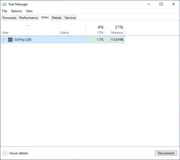 screen capture of the Windows Task Manager: Users tab shows active user sessions