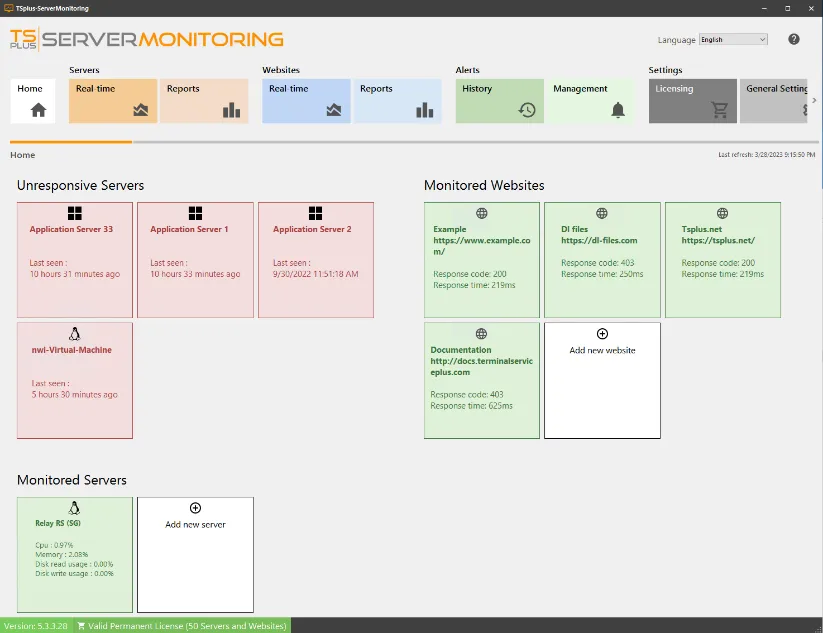 TSplus Server Monitoring screenshot - linux server added